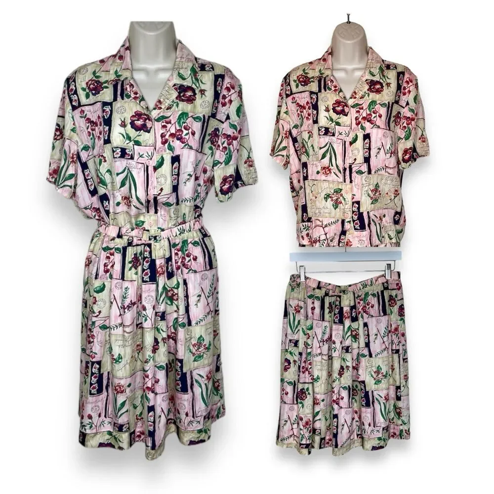 Vintage Pendleton Short Sleeve Camp Shirt Elastic Skirt Set Floral Rayon Women 6